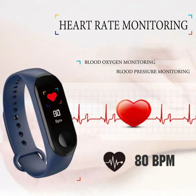 M3 smart bracelet with colour screen on a wrist, showing fitness data, with black, red, and blue colour options.