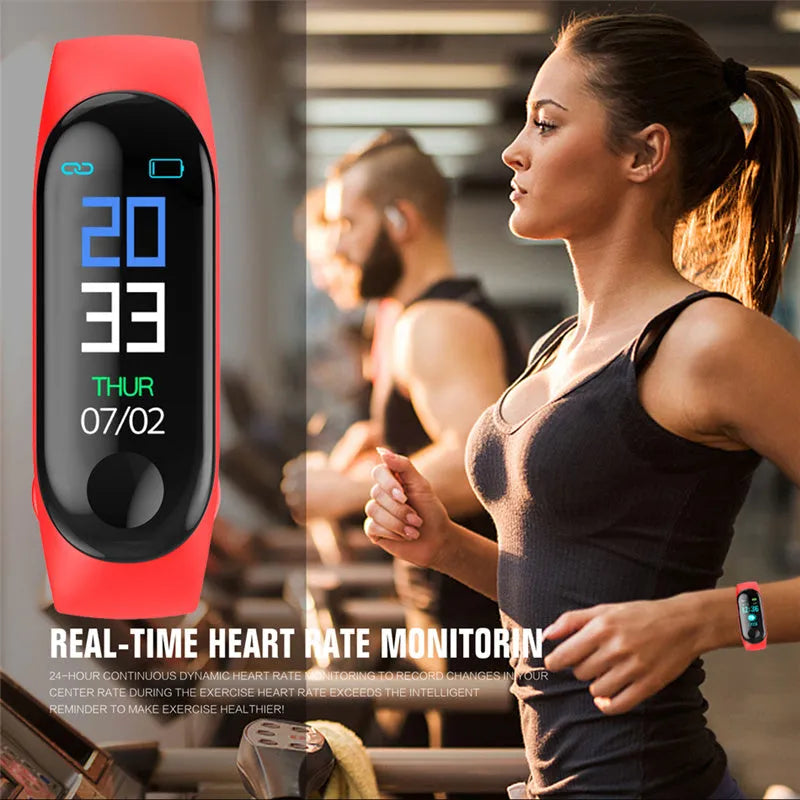 M3 smart bracelet with colour screen on a wrist, showing fitness data, with black, red, and blue colour options.