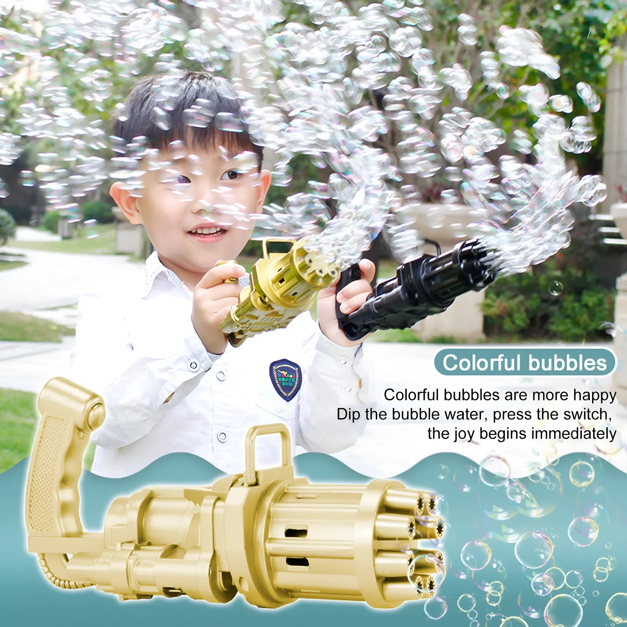 Kids plastic bubble machine gun toy in pink, gold, or black with battery compartment and removable bubble head.