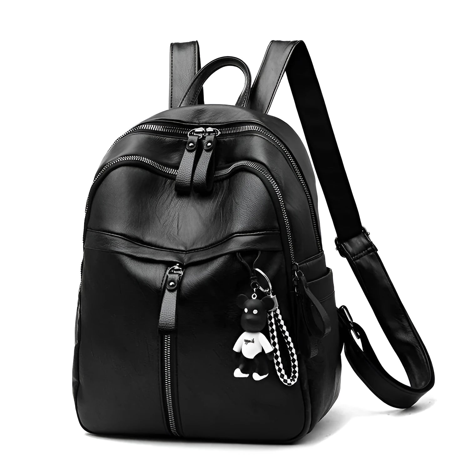 Medium black PU leather backpack with double straps showing plain pattern design
