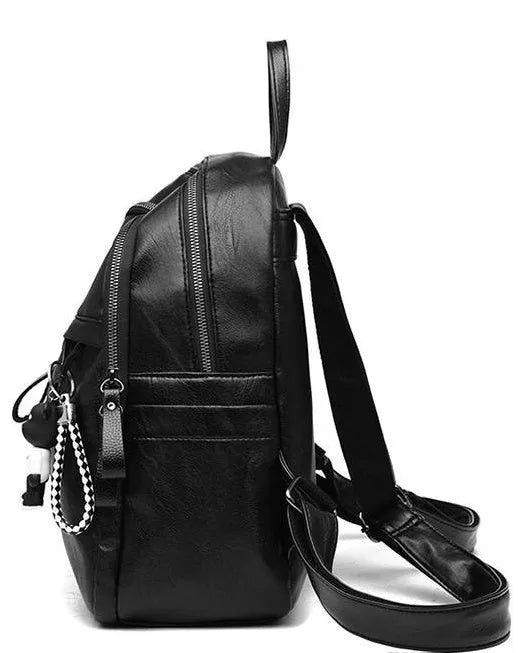 Medium black PU leather backpack with double straps showing plain pattern design