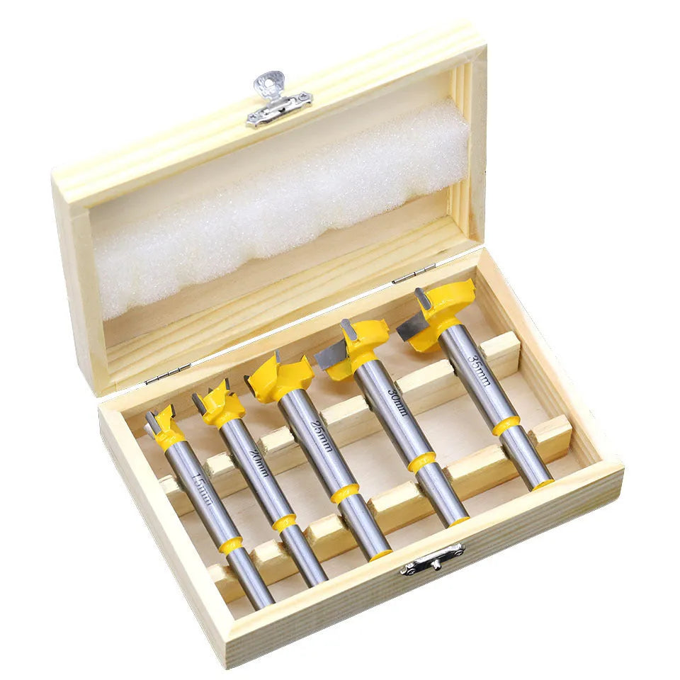 5-piece carbide woodworking hole opener set with wooden box for electric drill
