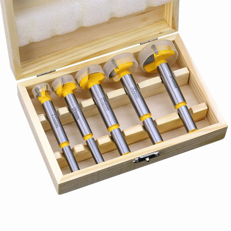 5-piece carbide woodworking hole opener set with wooden box for electric drill