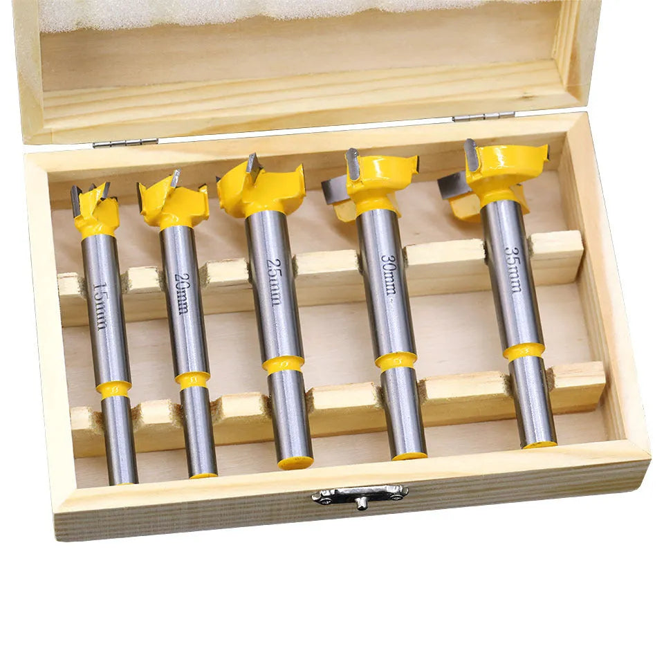 5-piece carbide woodworking hole opener set with wooden box for electric drill