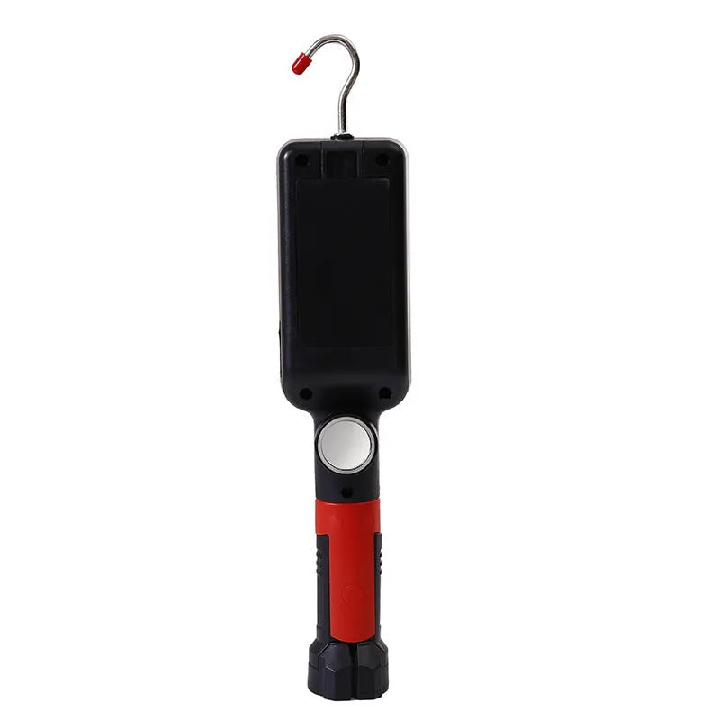 Red portable work light with magnetic hook and USB charging port, measuring 28.8cm long