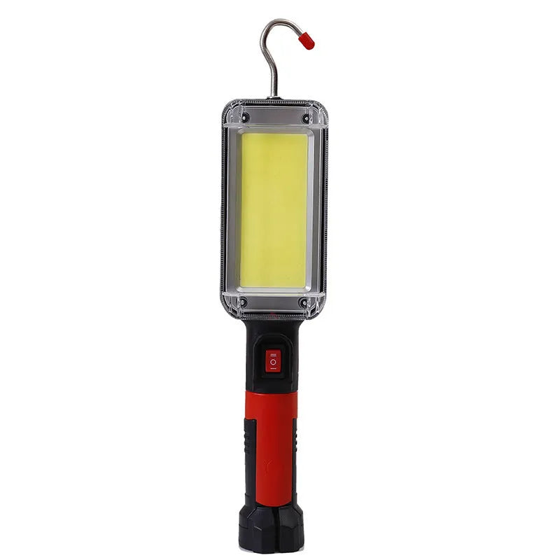 Red portable work light with magnetic hook and USB charging port, measuring 28.8cm long