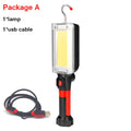 Red portable work light with magnetic hook and USB charging port, measuring 28.8cm long