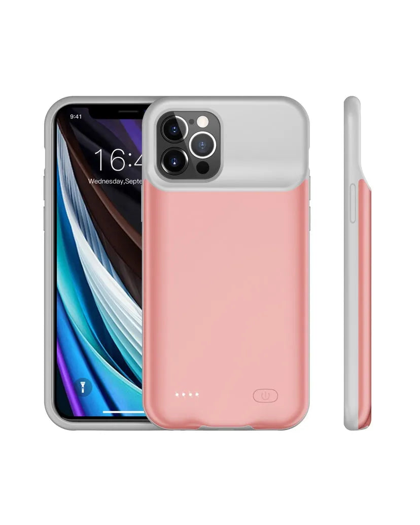 Shockproof silicone iPhone battery charger case shown in available colours: black, blue, pink, and white.