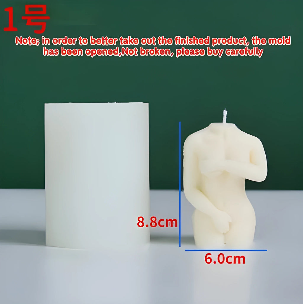 Flexible silicone female body candle mould shown in three shy female design variations for DIY crafts.