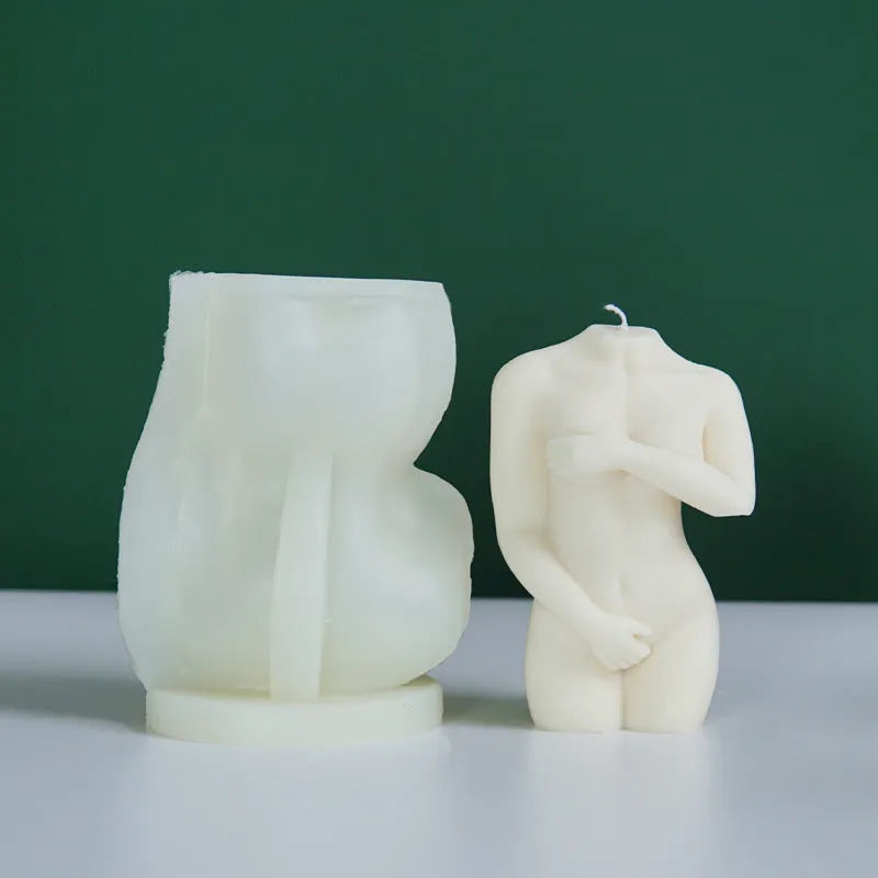 Flexible silicone female body candle mould shown in three shy female design variations for DIY crafts.