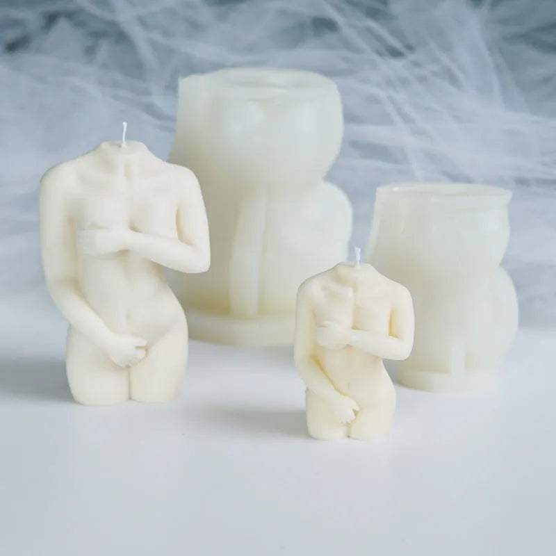 Flexible silicone female body candle mould shown in three shy female design variations for DIY crafts.
