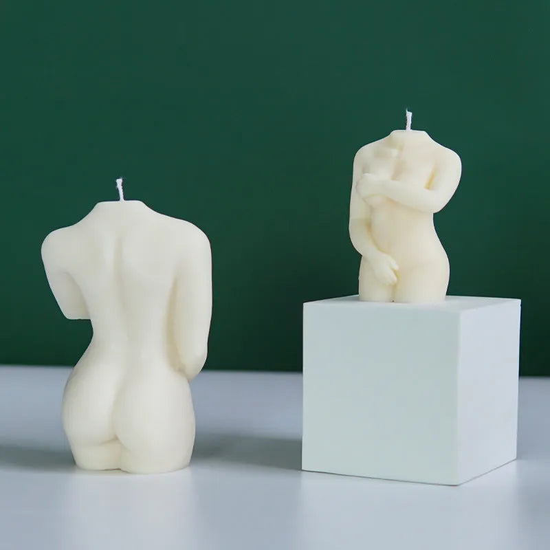 Flexible silicone female body candle mould shown in three shy female design variations for DIY crafts.