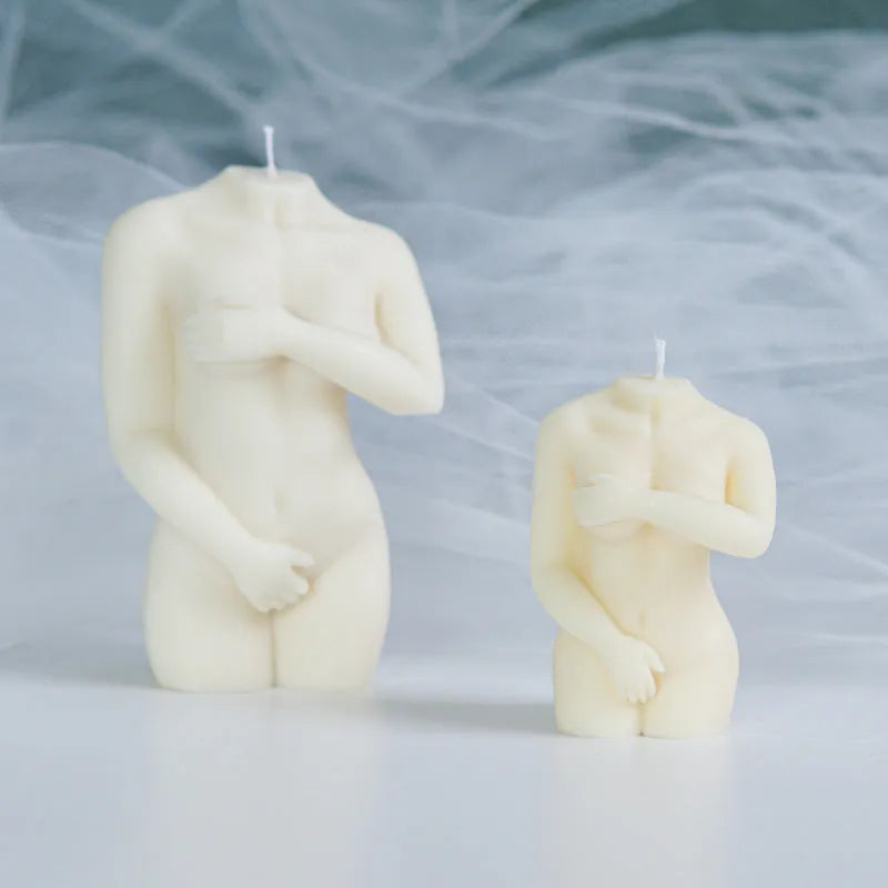 Flexible silicone female body candle mould shown in three shy female design variations for DIY crafts.