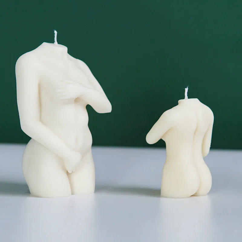 Flexible silicone female body candle mould shown in three shy female design variations for DIY crafts.