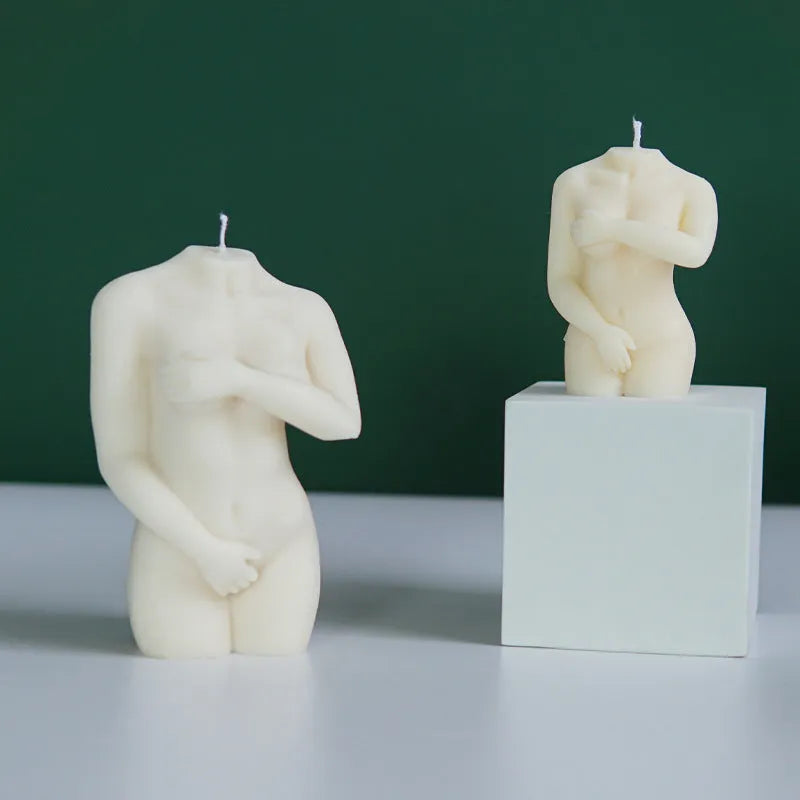 Flexible silicone female body candle mould shown in three shy female design variations for DIY crafts.