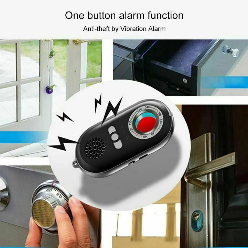 Compact black wireless signal detector with vibration alarm for travel security