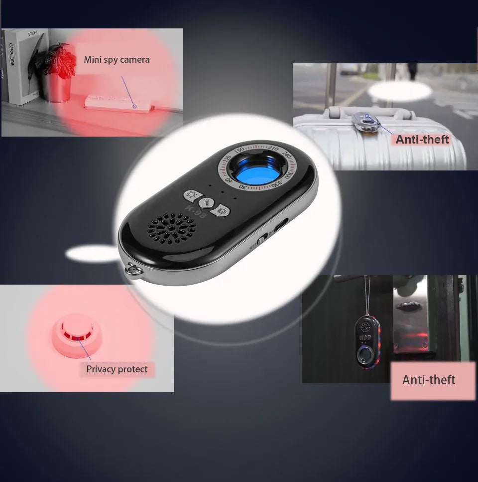 Compact black wireless signal detector with vibration alarm for travel security