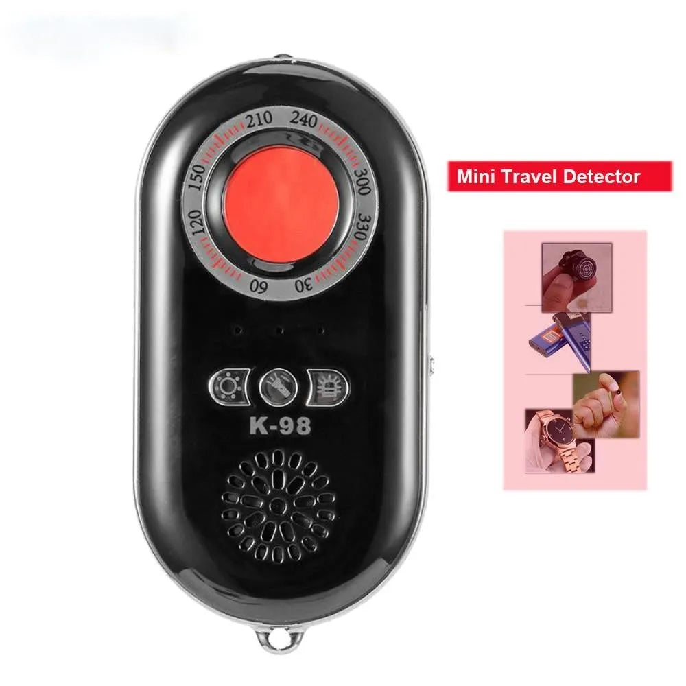 Compact black wireless signal detector with vibration alarm for travel security