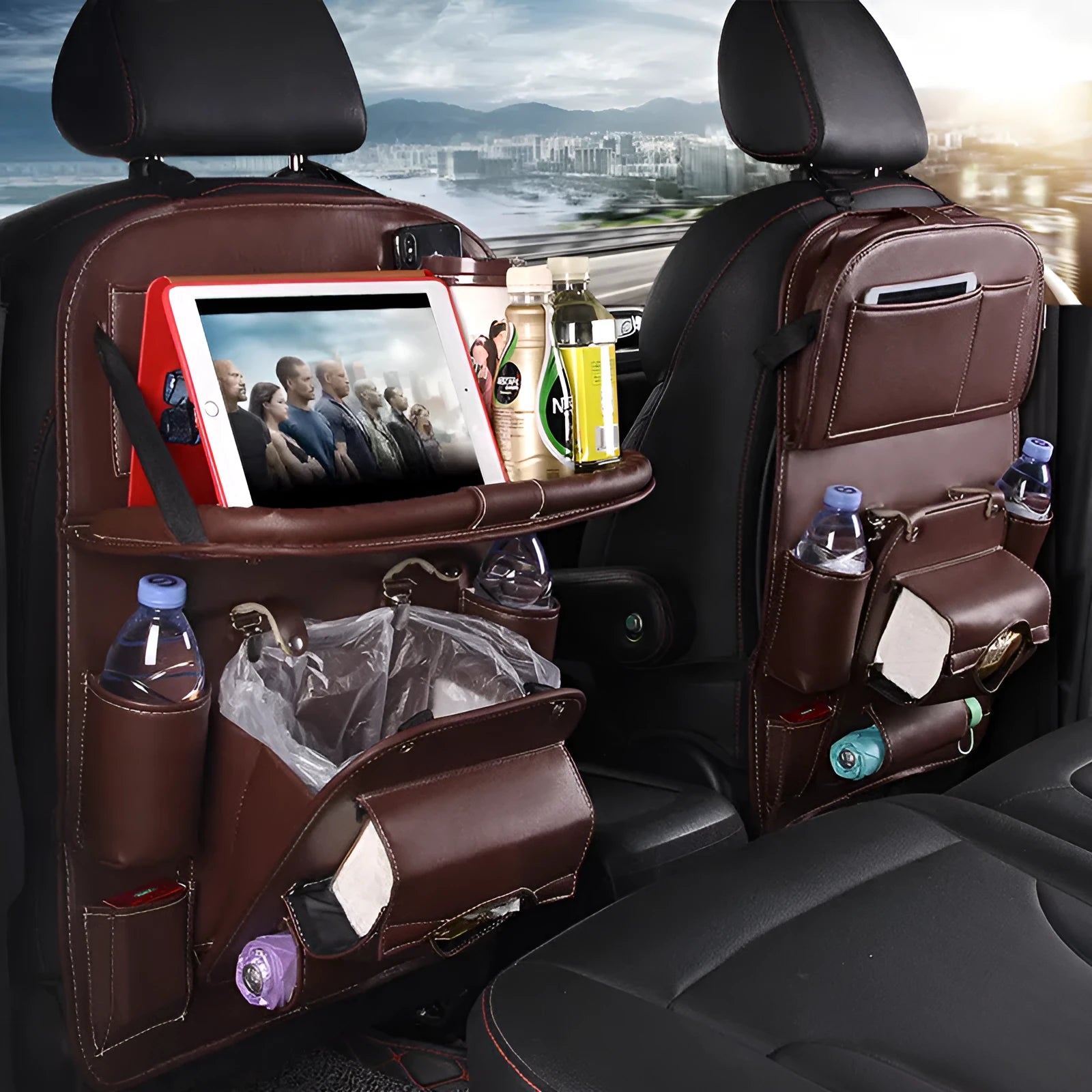 PU leather car seat back organiser bag in multiple colours with storage pockets and built-in trash can
