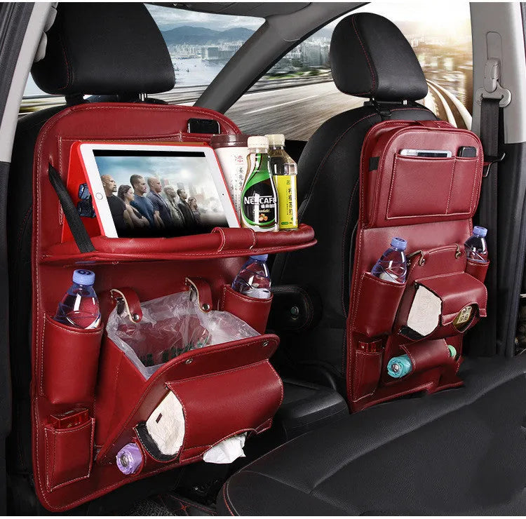 PU leather car seat back organiser bag in multiple colours with storage pockets and built-in trash can
