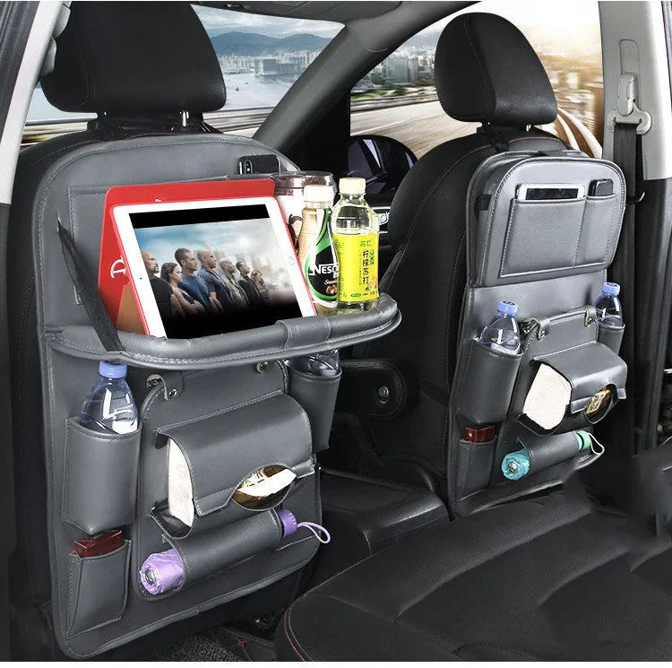 PU leather car seat back organiser bag in multiple colours with storage pockets and built-in trash can