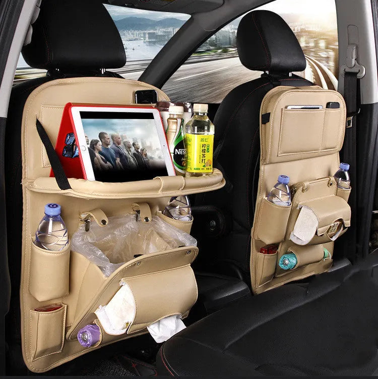 PU leather car seat back organiser bag in multiple colours with storage pockets and built-in trash can