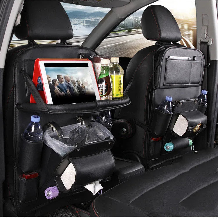 PU leather car seat back organiser bag in multiple colours with storage pockets and built-in trash can