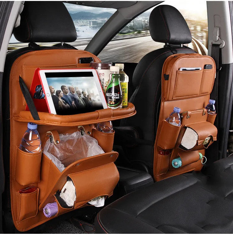PU leather car seat back organiser bag in multiple colours with storage pockets and built-in trash can