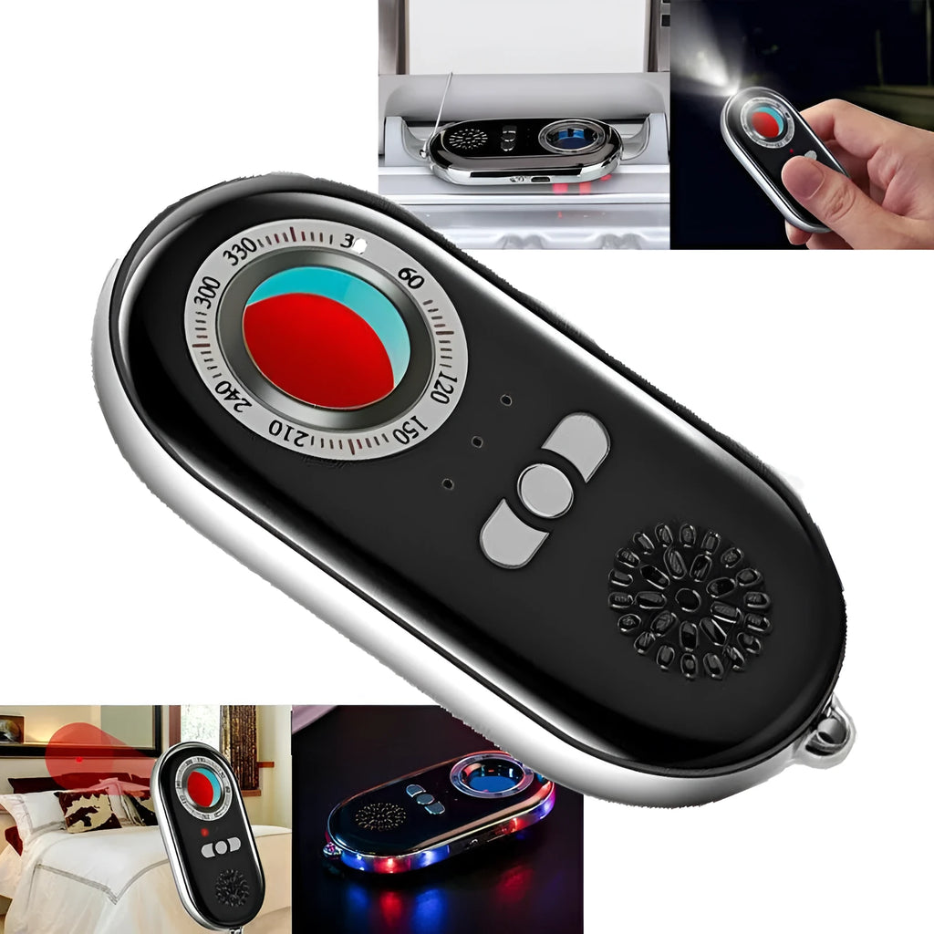 Compact black wireless signal detector with vibration alarm for travel security