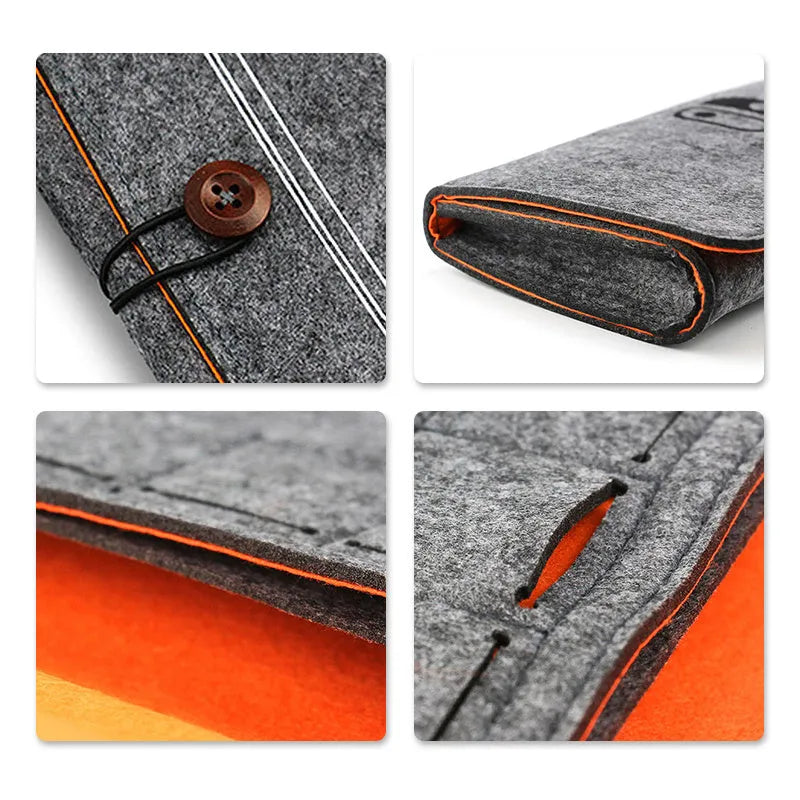 Black felt pouch for Nintendo Switch open to show console compartment and five game card slots