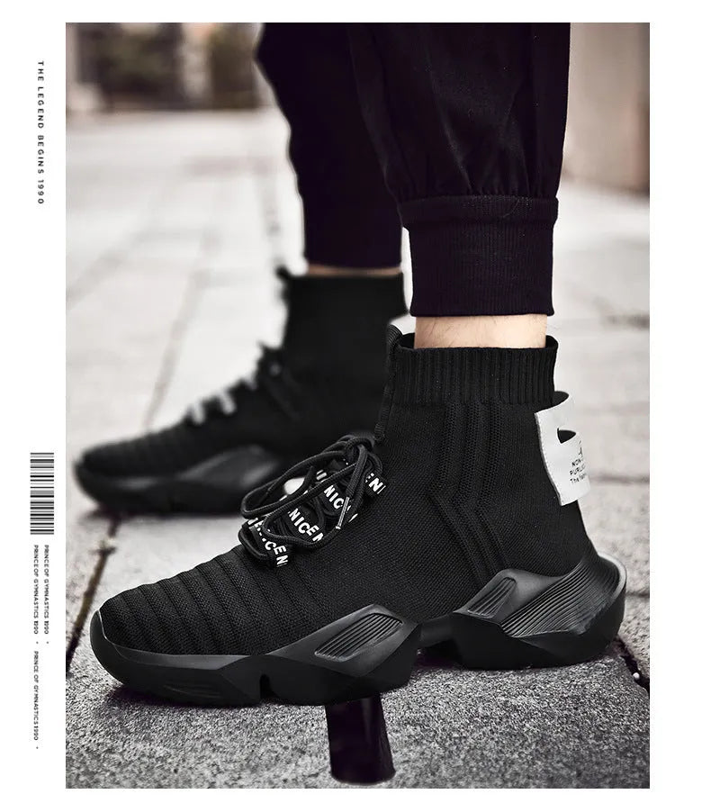 Men's black and white casual sports shoes showing mesh lining and adhesive construction