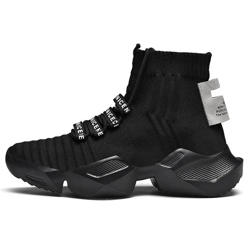 Men's black and white casual sports shoes showing mesh lining and adhesive construction