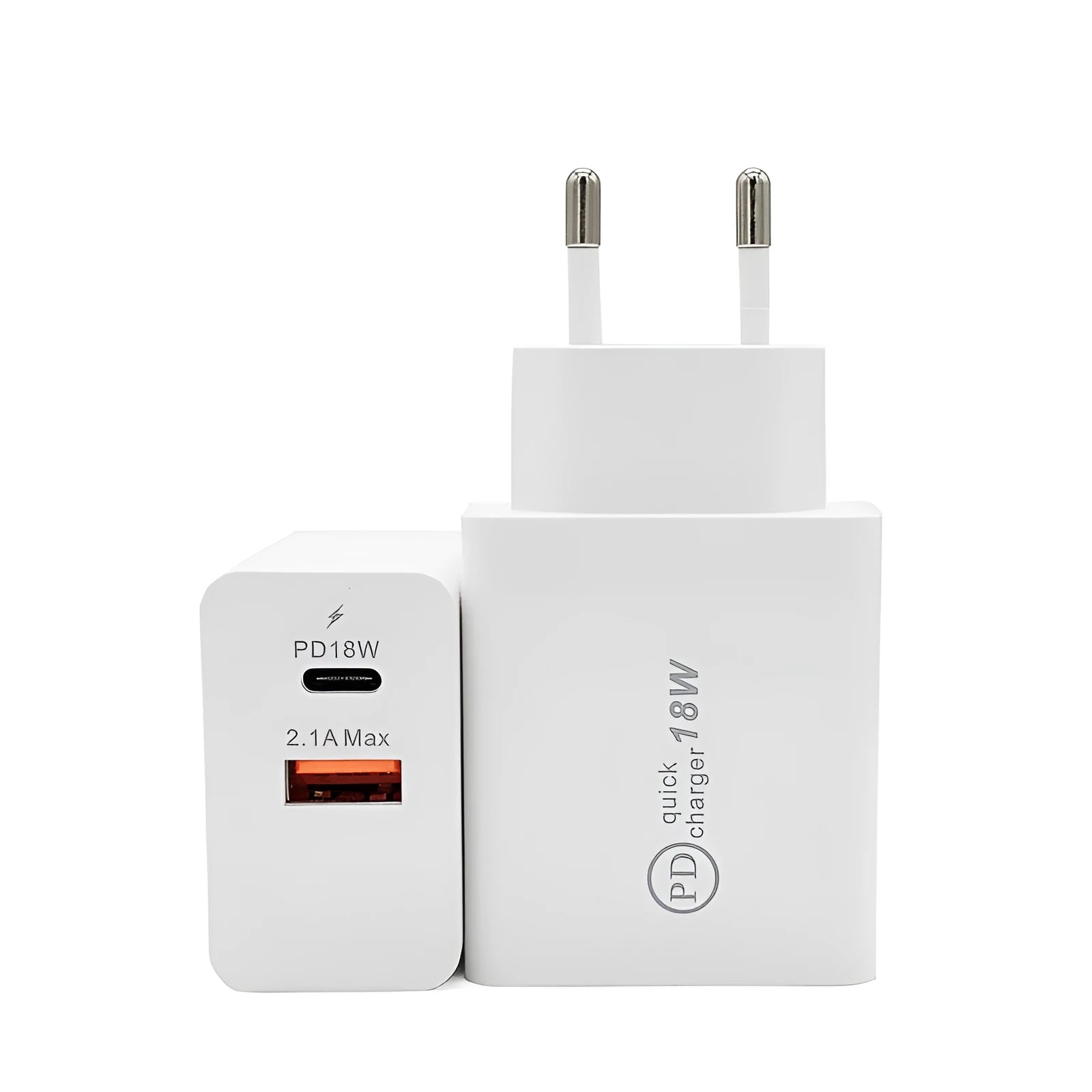 18W USB-C PD fast charger in black and white with US and EU plug options
