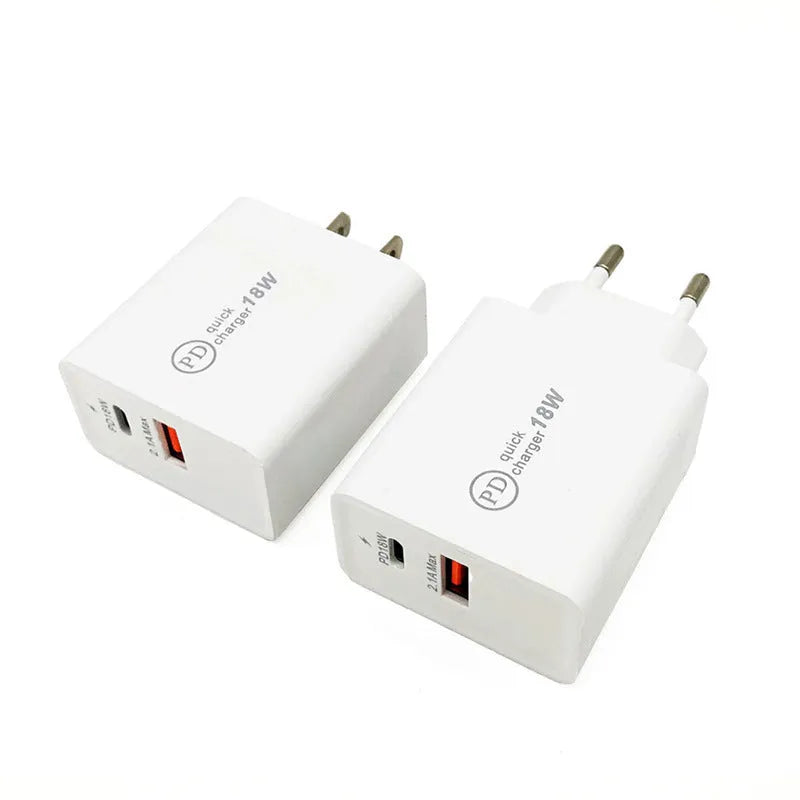 18W USB-C PD fast charger in black and white with US and EU plug options