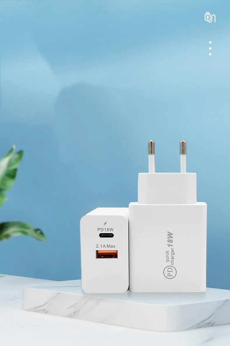 18W USB-C PD fast charger in black and white with US and EU plug options