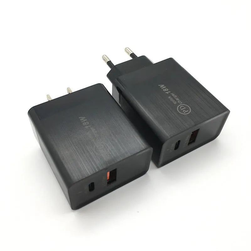 18W USB-C PD fast charger in black and white with US and EU plug options