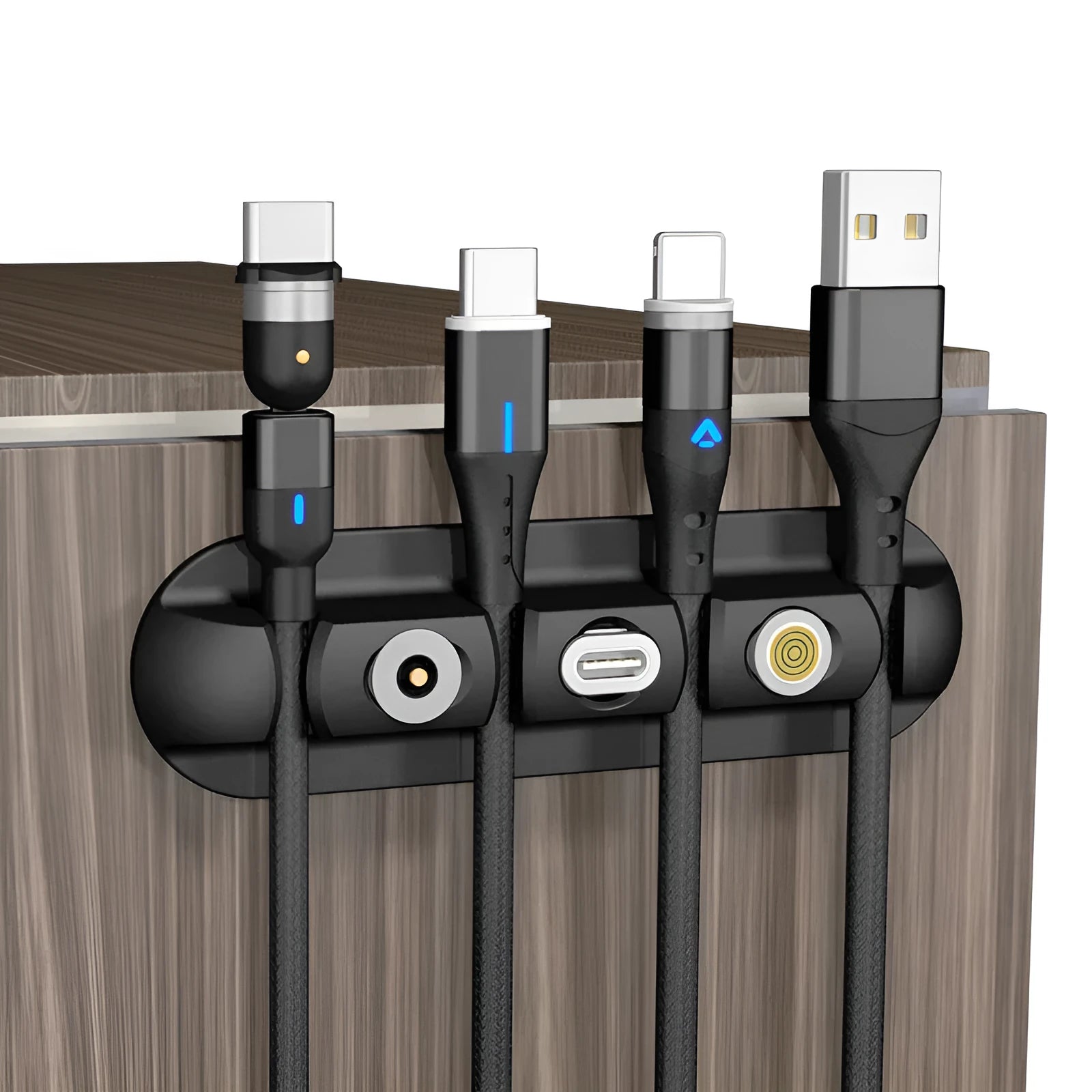 Black soft plastic desktop magnetic data cable organiser for charging station organisation