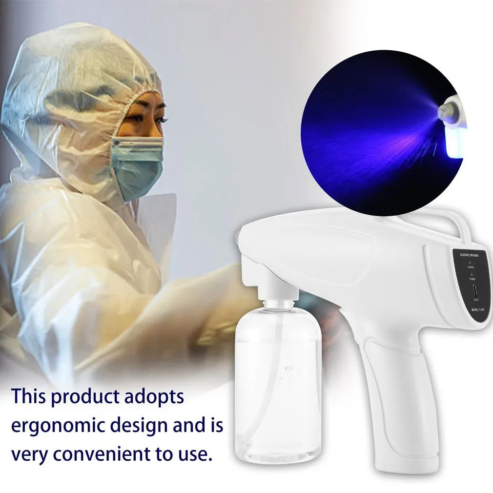 White handheld cordless electric disinfection spray gun with USB charging port