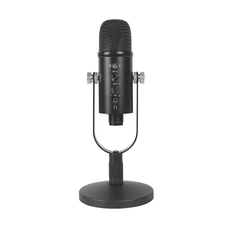 JIY BM-86PRO black USB condenser microphone on metal stand with foam cover.