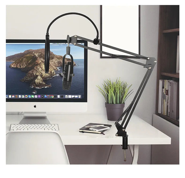 JIY BM-86PRO black USB condenser microphone on metal stand with foam cover.