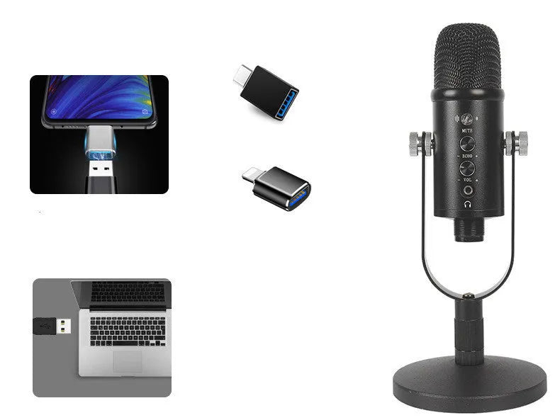 JIY BM-86PRO black USB condenser microphone on metal stand with foam cover.