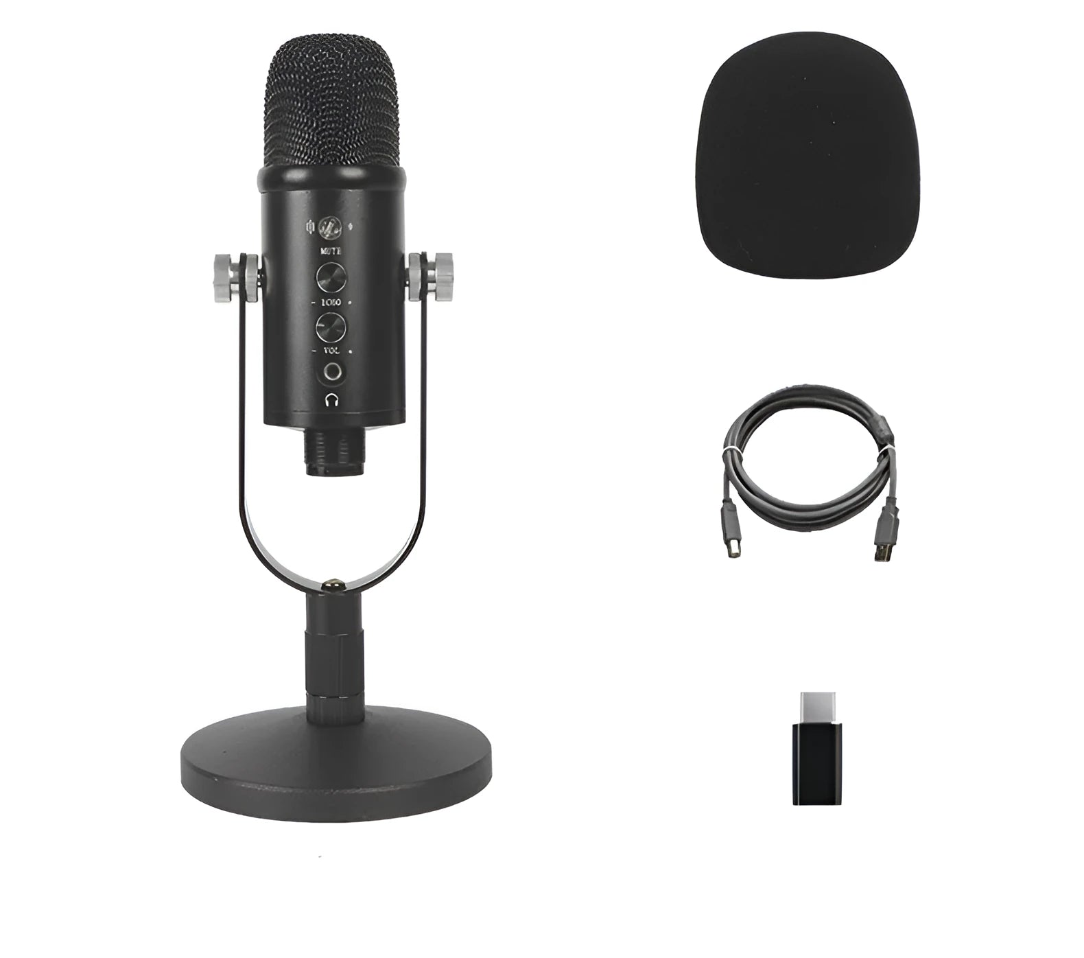 JIY BM-86PRO black USB condenser microphone on metal stand with foam cover.