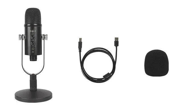 JIY BM-86PRO black USB condenser microphone on metal stand with foam cover.
