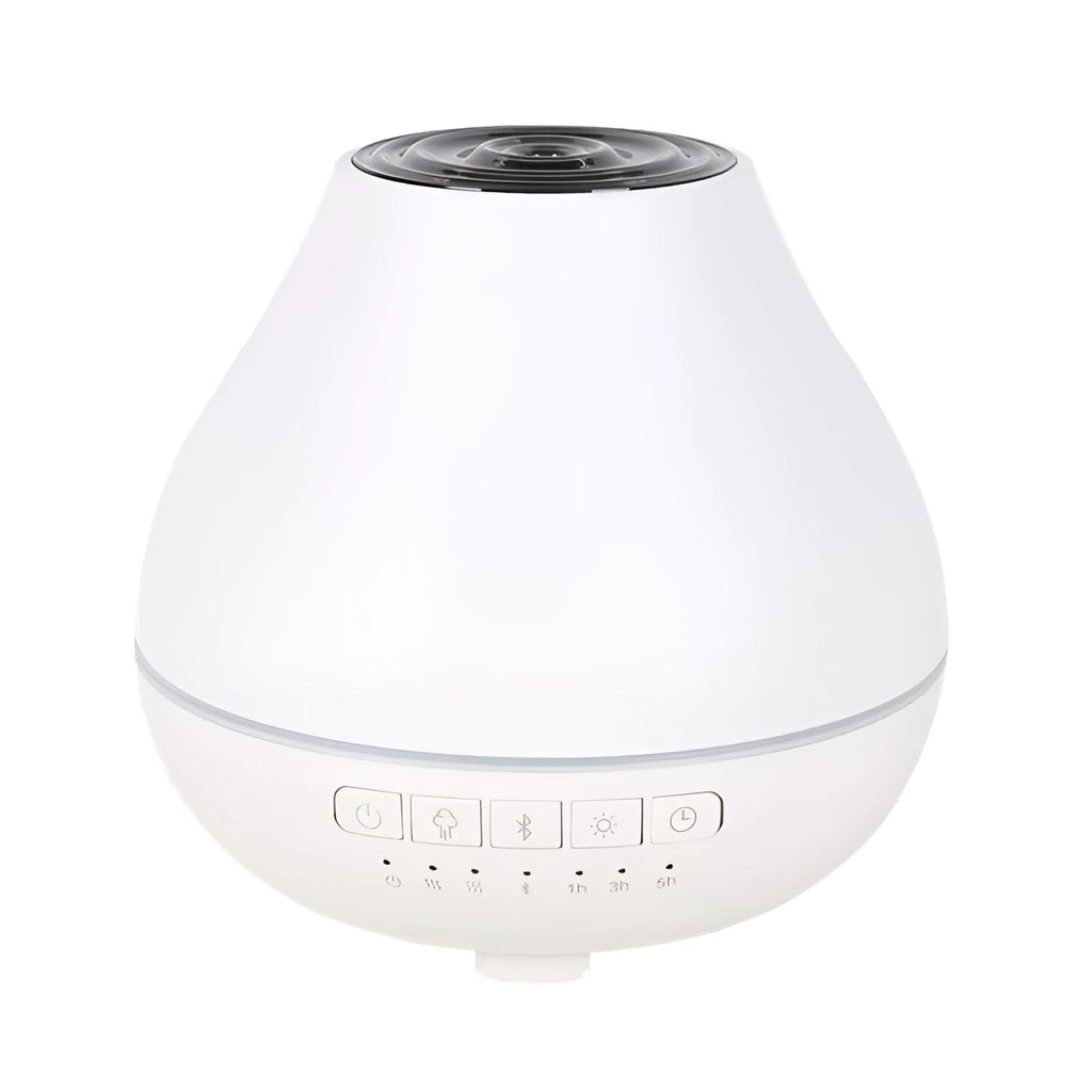 Round white Bluetooth humidifier and aroma diffuser with night light on a surface.