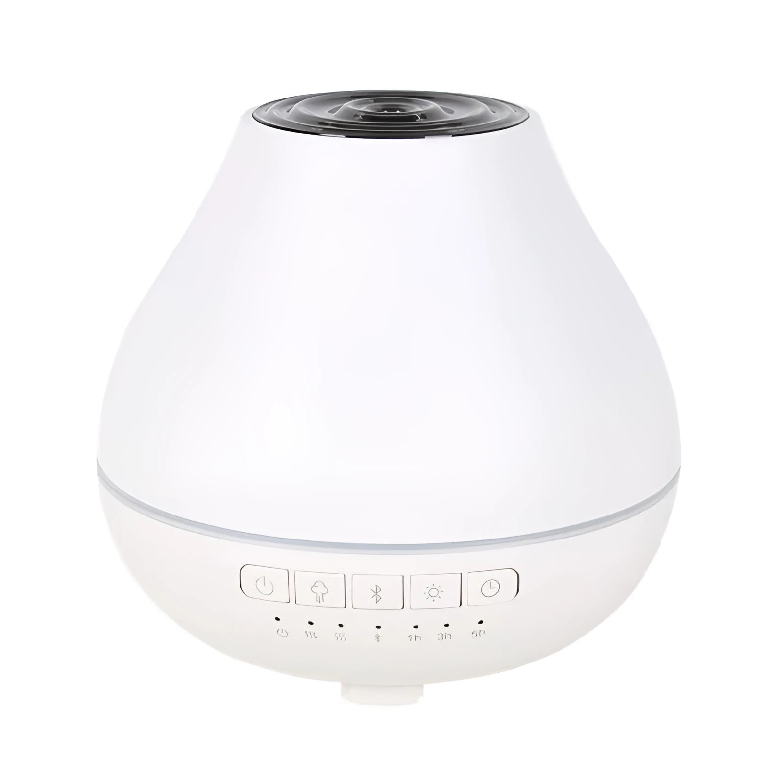 Round white Bluetooth humidifier and aroma diffuser with night light on a surface.