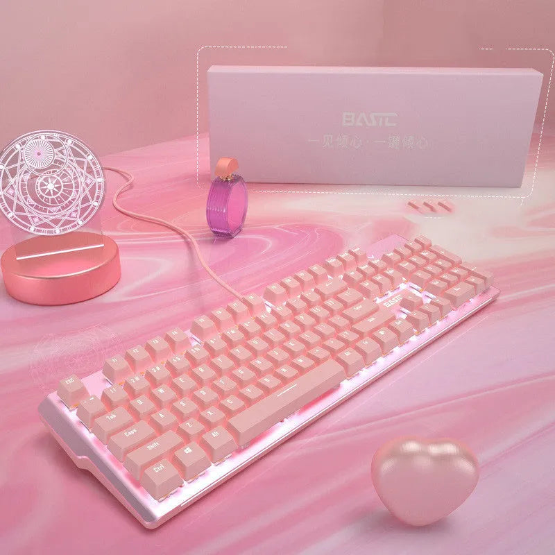 Pink mechanical keyboard and wired mouse gaming set with green or red switch options