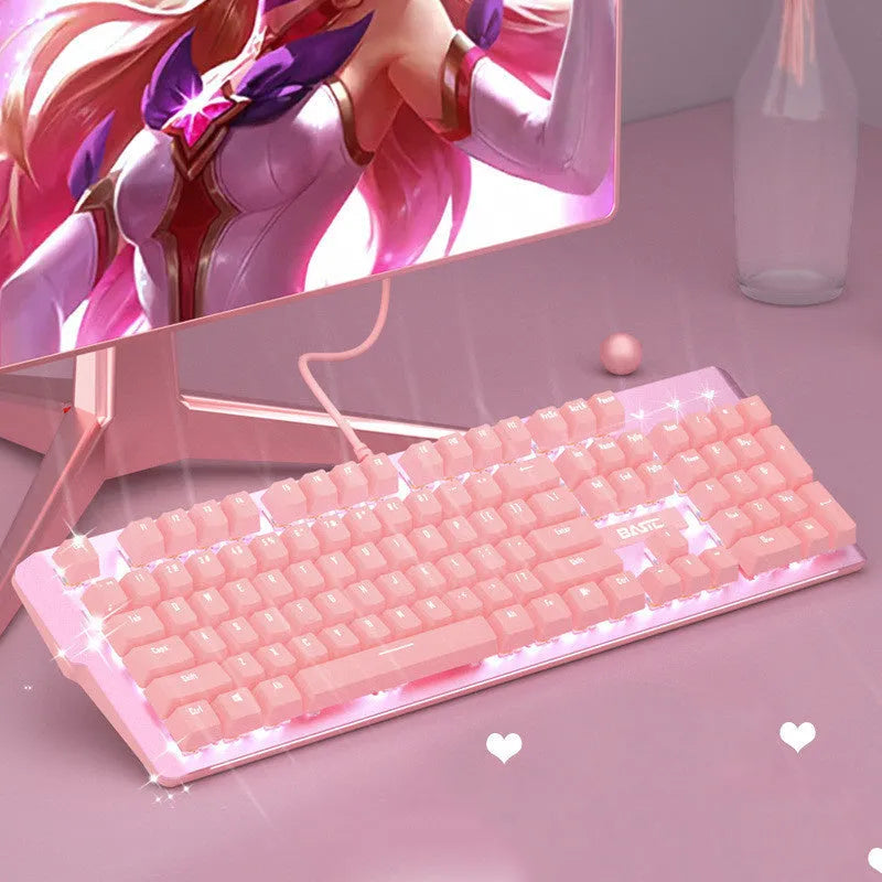 Pink mechanical keyboard and wired mouse gaming set with green or red switch options