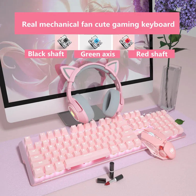 Pink mechanical keyboard and wired mouse gaming set with green or red switch options