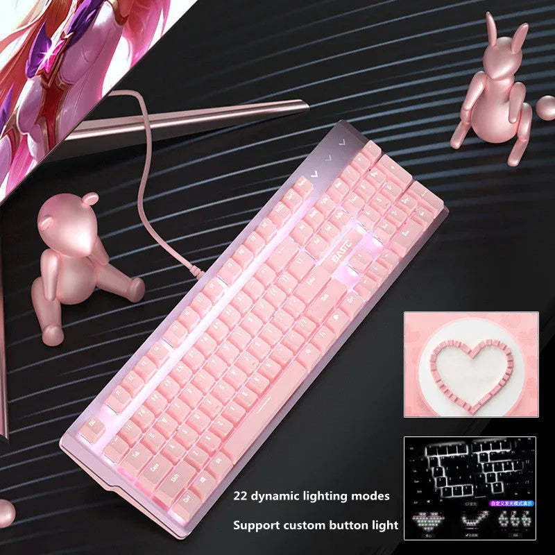 Pink mechanical keyboard and wired mouse gaming set with green or red switch options
