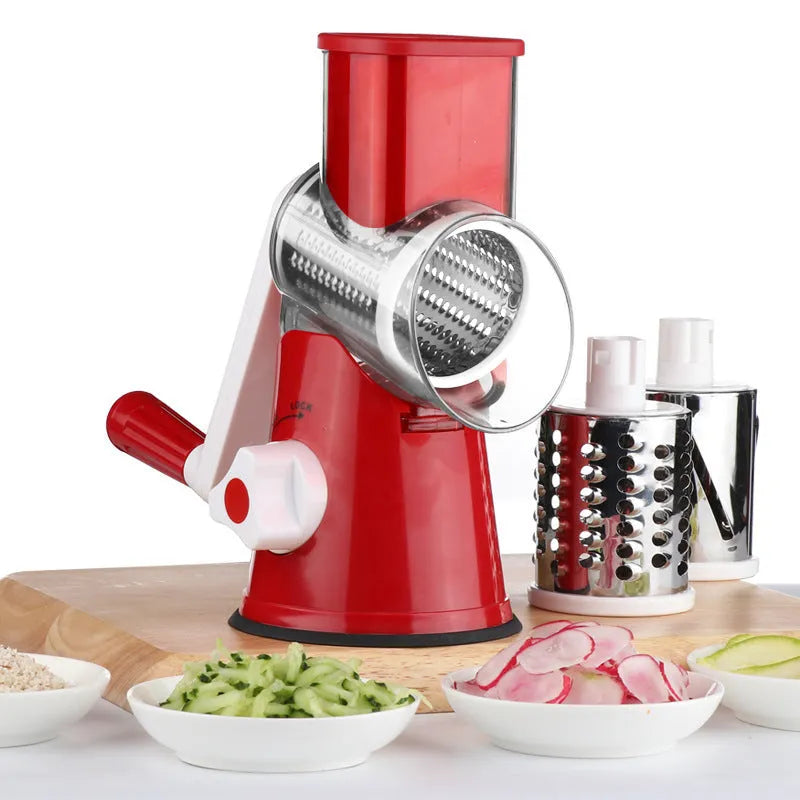 Multi-function kitchen roller gadget with vegetable chopper and suction cup base in blue colour